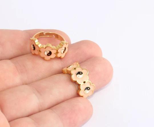 24 Ayar Altın Kaplama Turuncu Mineli Çiçek Yin Yang Yüzük