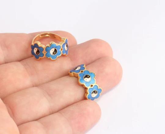 24 Ayar Altın Kaplama Mavi Mineli Çiçek Yin Yang Yüzük