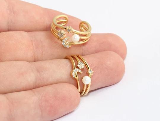 24 Ayar Altın Kaplama Beyaz Zirkon Taşlı Ay Yıldız Beyaz İncili Yüzük