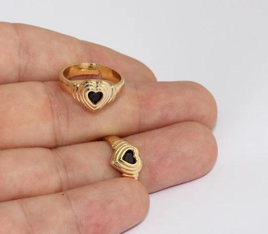 24 Ayar Altın Kaplama Siyah Taşlı Kalp Yüzük