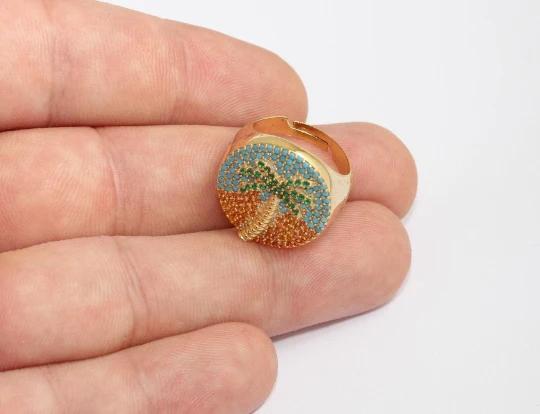 24 Ayar Altın Kaplama Turuncu Turkuaz Yeşil  Taşlı Palmiye  Yüzük