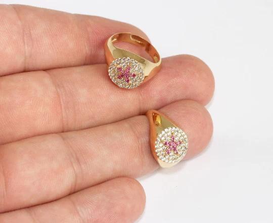 24 Ayar Altın Kaplama Beyaz Pembe Taşlı Yıldız  Yüzük