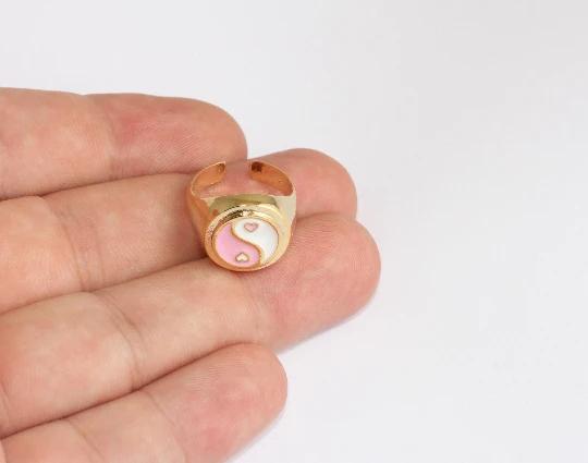 24 Ayar Altın Kaplama Pembe Beyaz Mineli Yin Yang  Yüzük