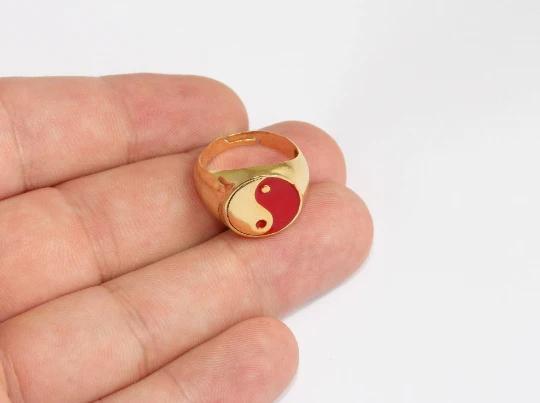 24 Ayar Altın Kaplama Kırmızı Mineli Yin Yang Yüzük