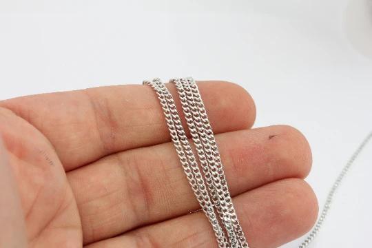 Gümüş Rodyum Kaplama 2mm İnce Halka Zincir, Curb